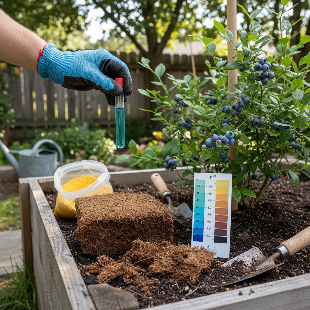 Soil pH test showing acidic pH next to a blueberry planting
