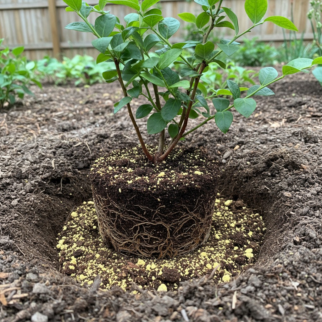 Young blueberry bush being planted in peat-amended soil