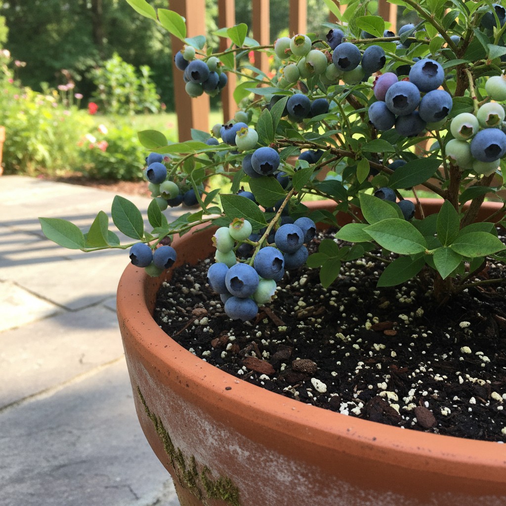 Blueberry bush growing in a large container on a patio