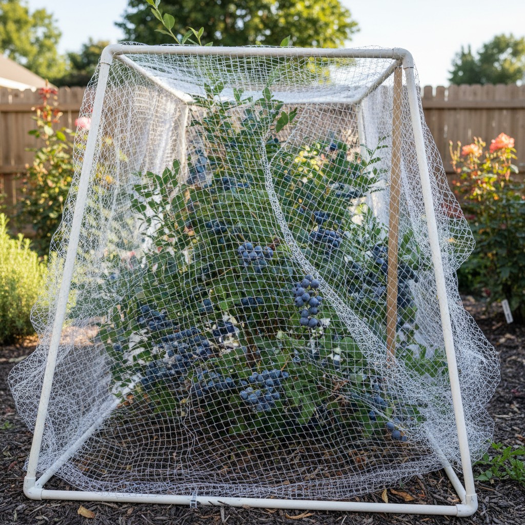 Blueberry bush with bird netting protecting ripe berries