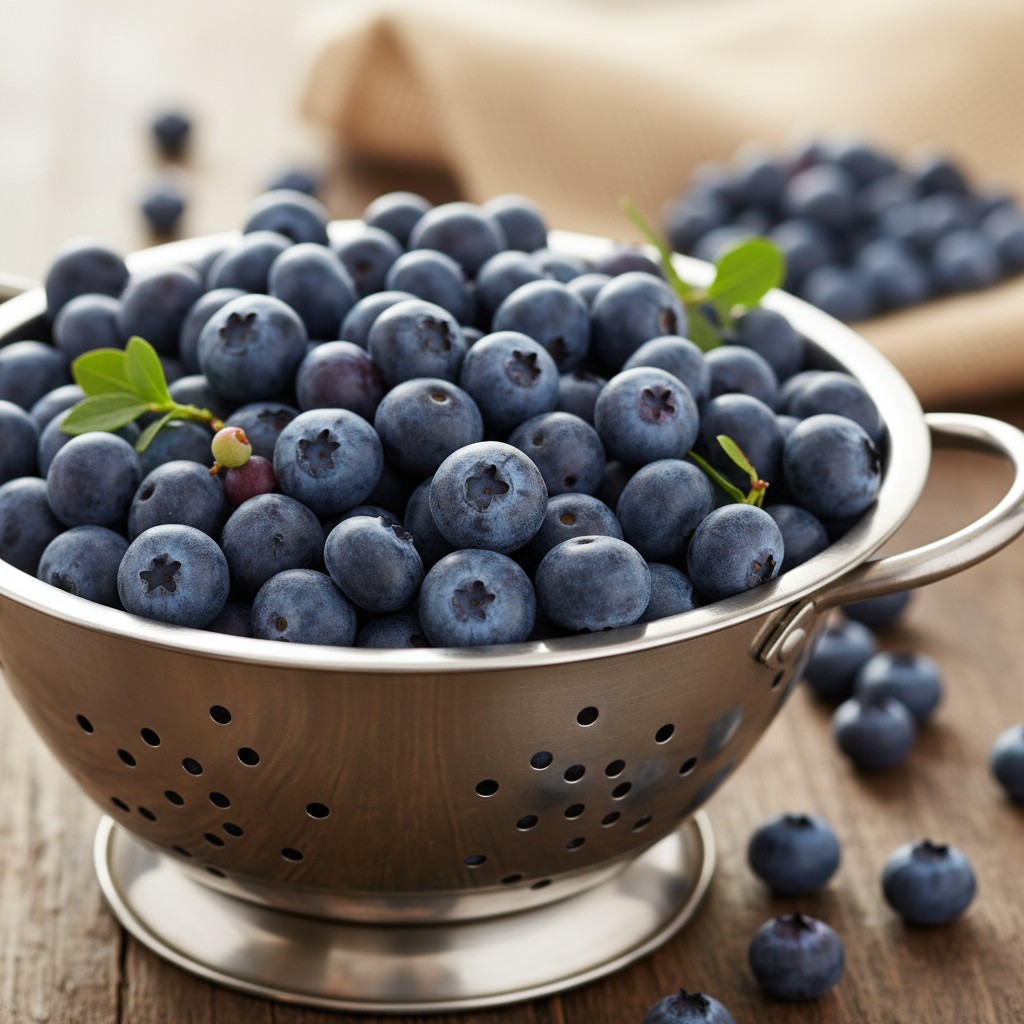 Colander of freshly picked blueberries with waxy bloom