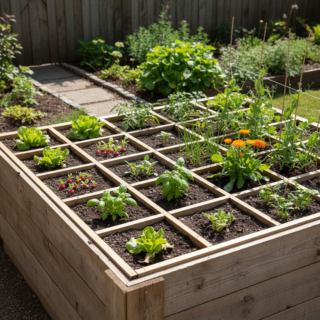 Raised bed with square foot grid dividing it into 1-foot sections