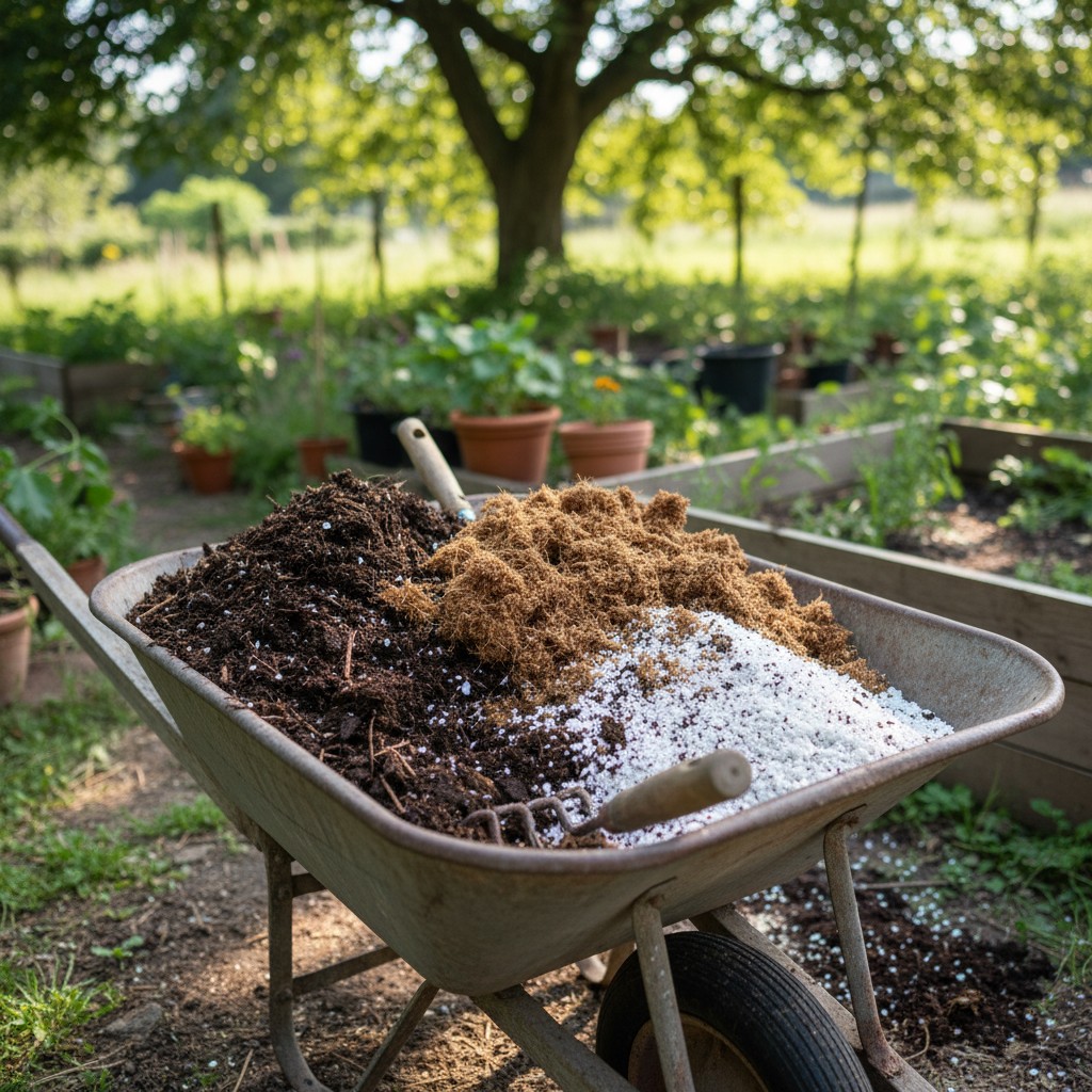 Three ingredients for Mels Mix in a wheelbarrow