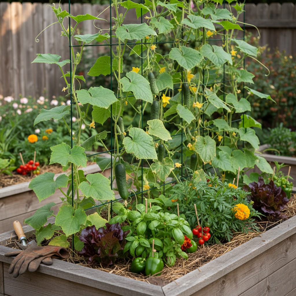 Trellis on north side of square foot bed with cucumbers climbing