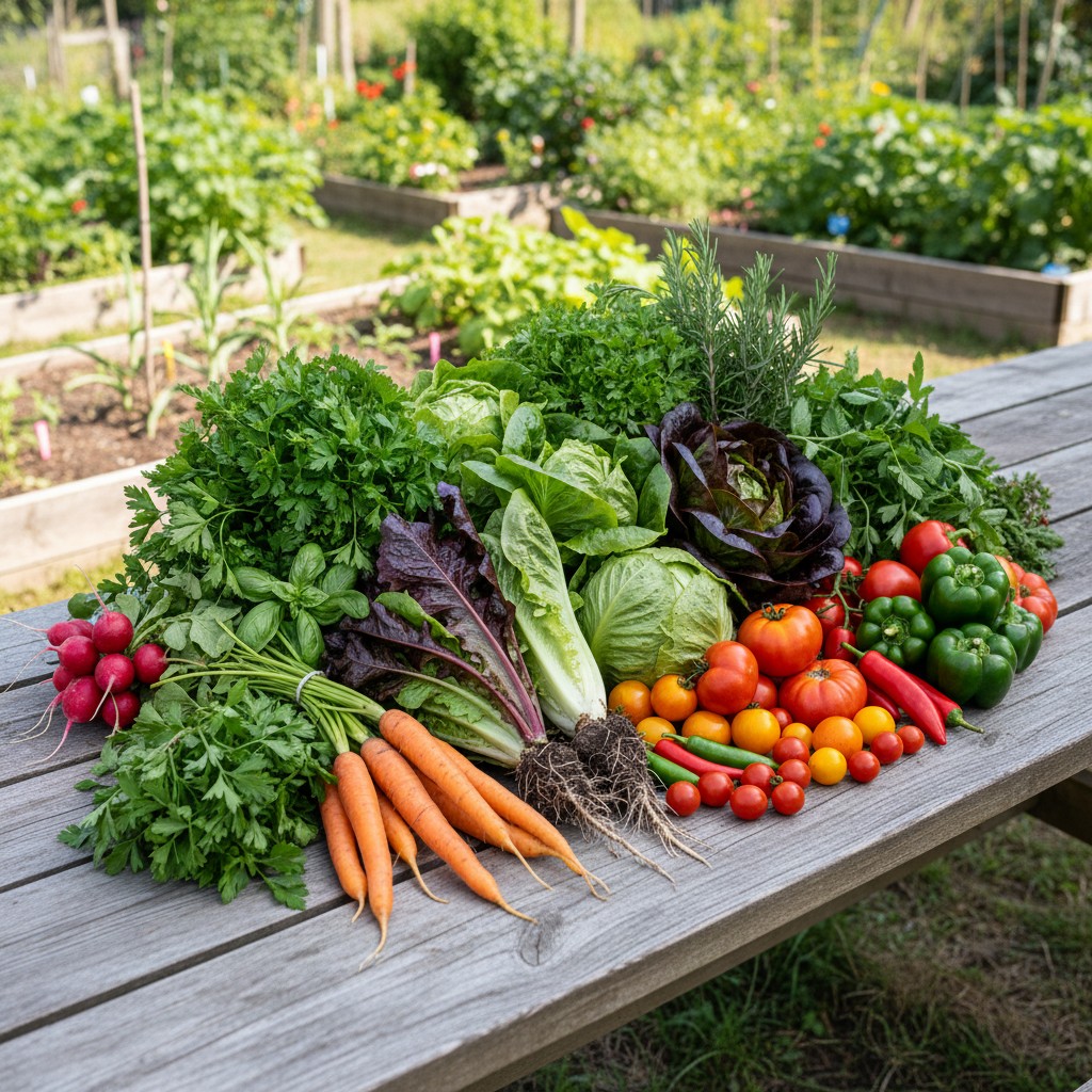 Harvest from one 4x8 square foot bed showing diverse crops