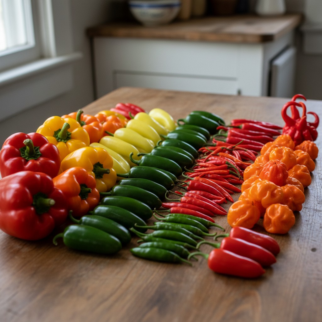 Peppers arranged by heat: bell, banana, jalapeno, habanero, ghost