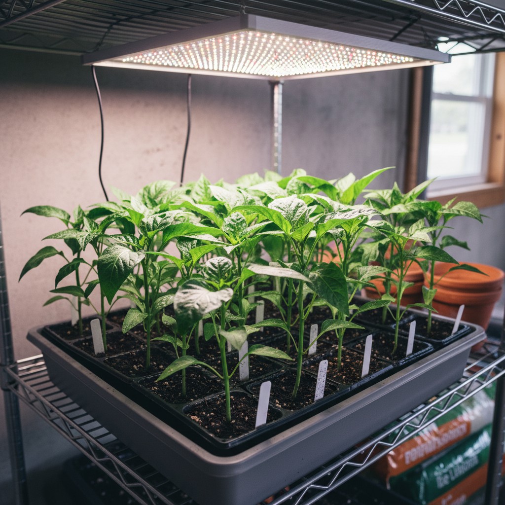Pepper seedlings under grow lights at 6 weeks