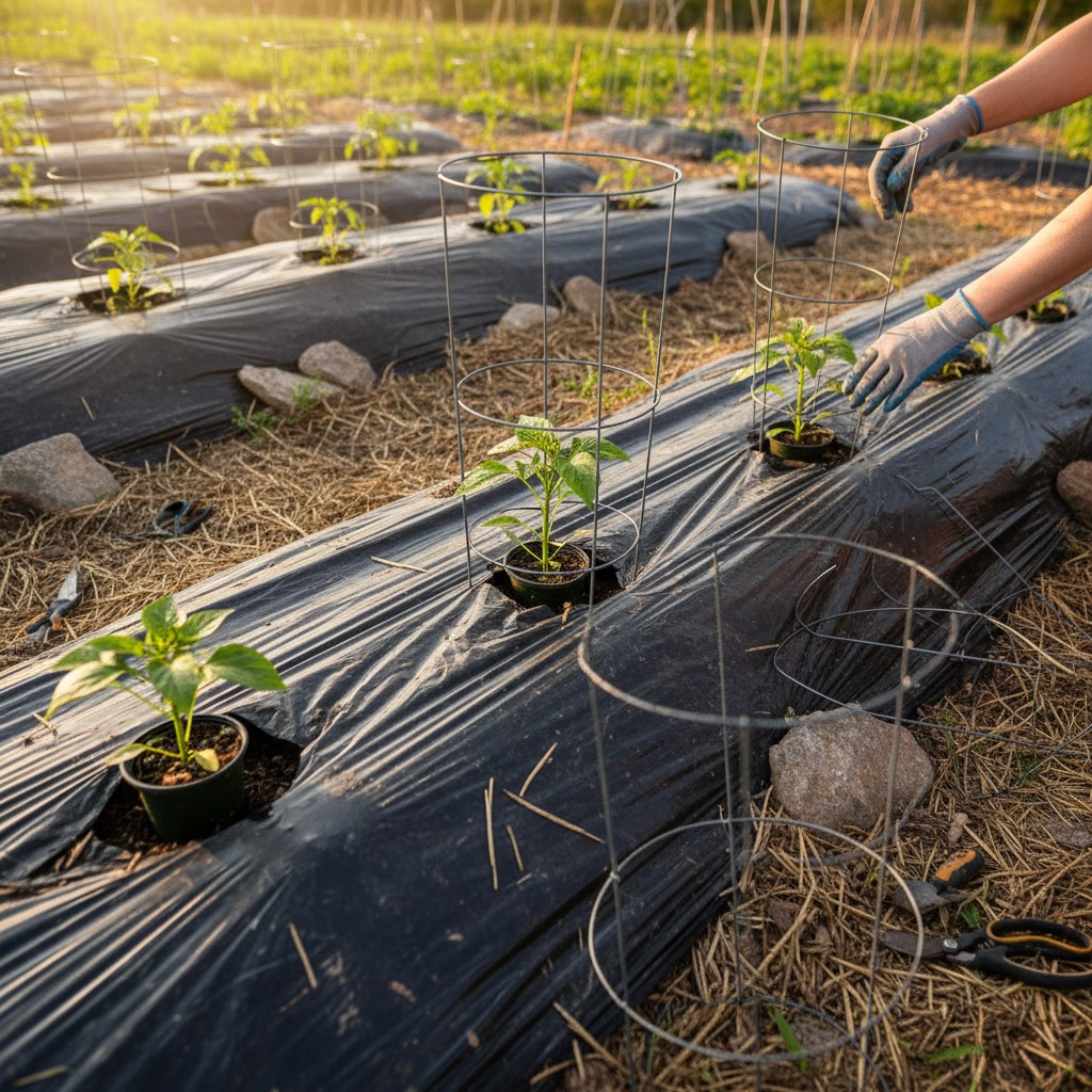 Pepper transplants going into garden with black plastic mulch