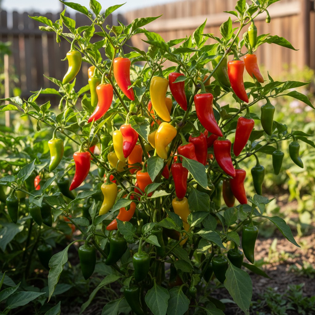 Pepper plant with green, yellow, and red fruit at different stages