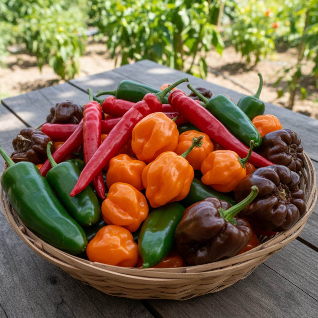 Basket of harvested hot peppers in vibrant colors
