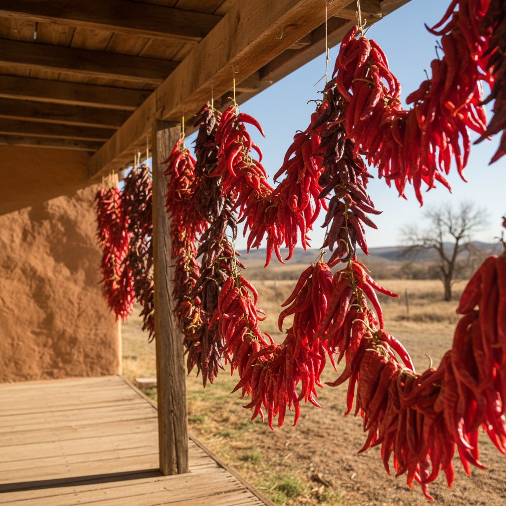 Strings of dried red peppers hanging from a farmhouse porch