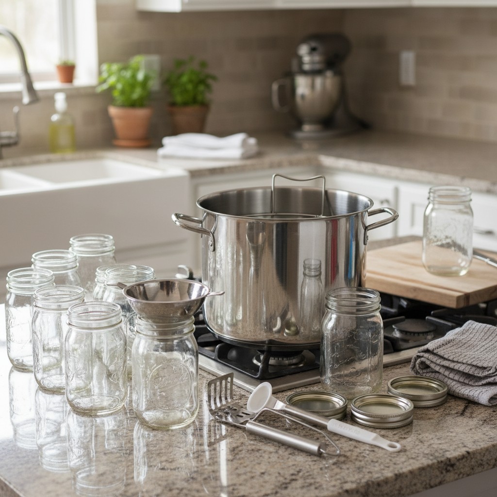 Complete water-bath canning setup with pot, rack, jars, and tools