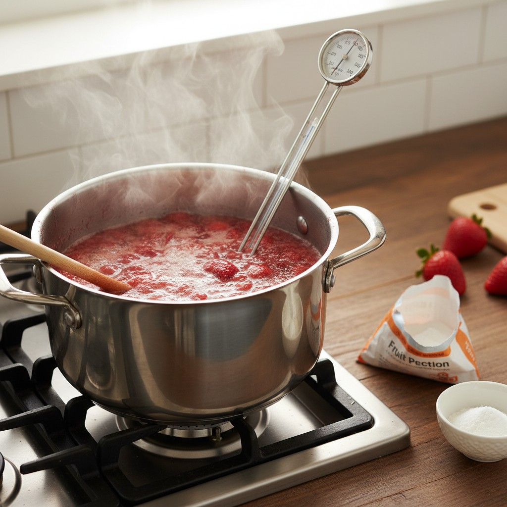 Strawberry jam boiling in a pot with thermometer