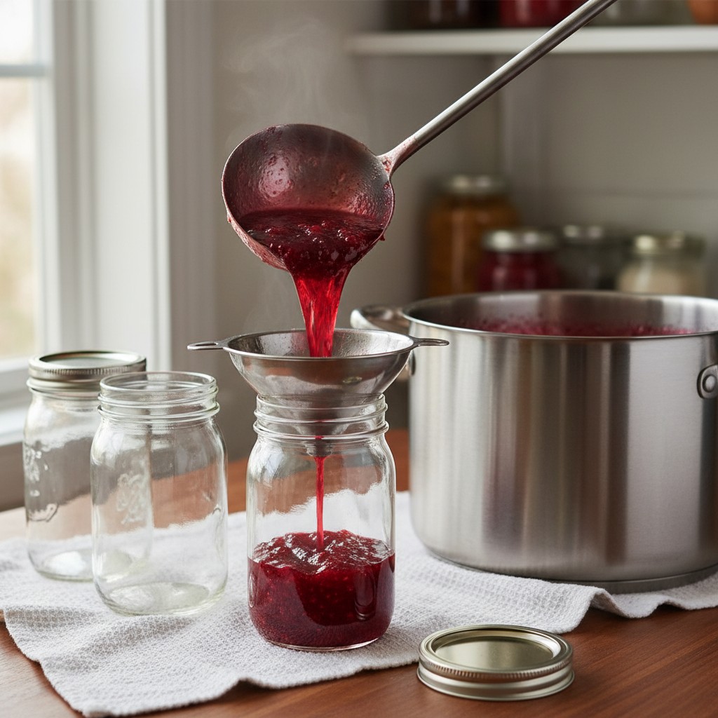 Hot jam being ladled into jars using a canning funnel
