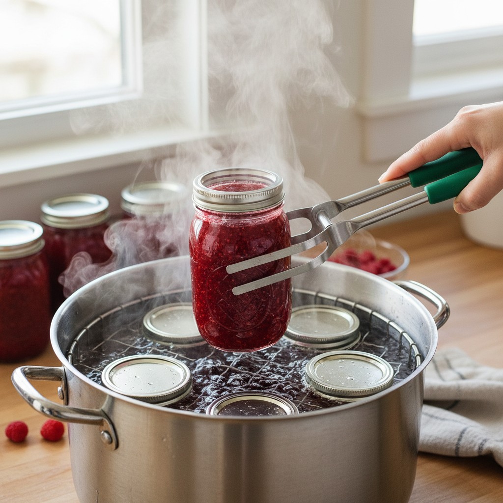 Jam jars being lowered into boiling water-bath canner