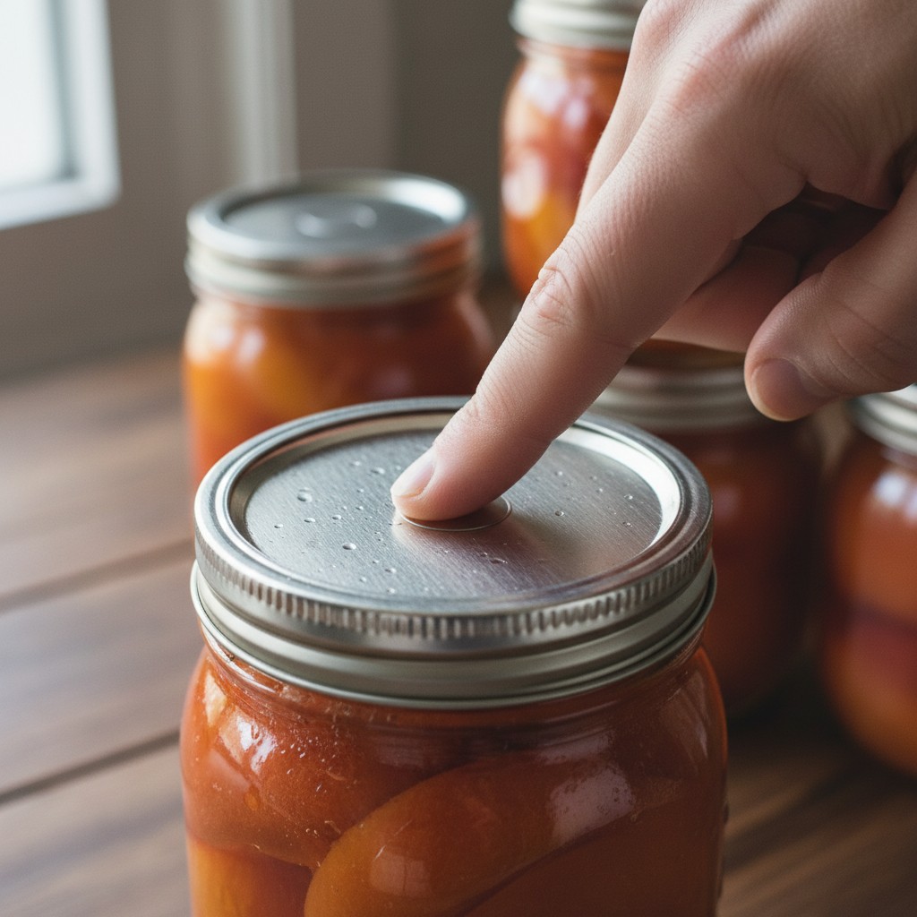 Finger pressing center of canning lid to check seal