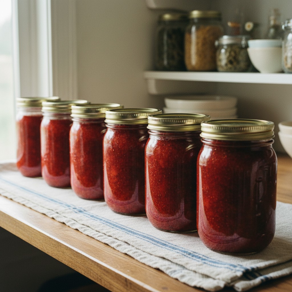Row of sealed strawberry jam jars cooling on a towel