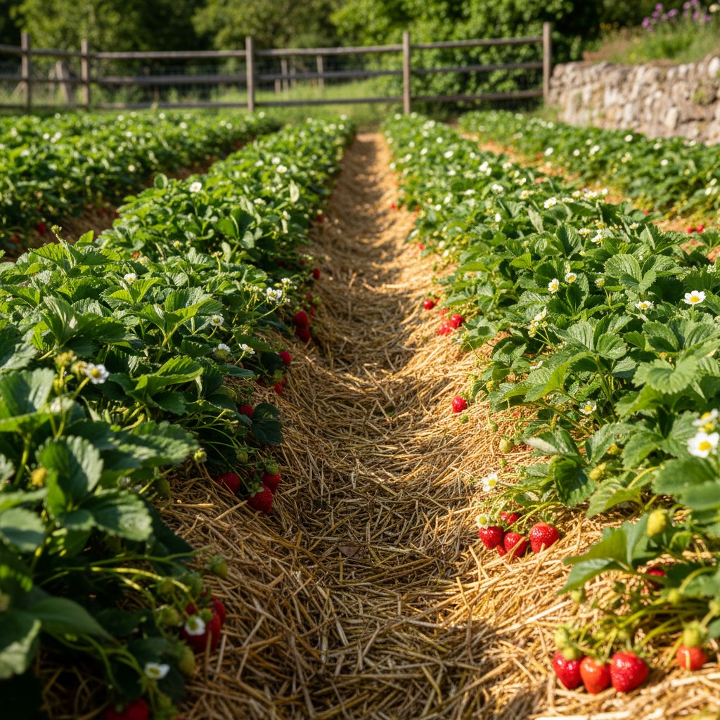 Strawberry patch with rows of plants loaded with red berries