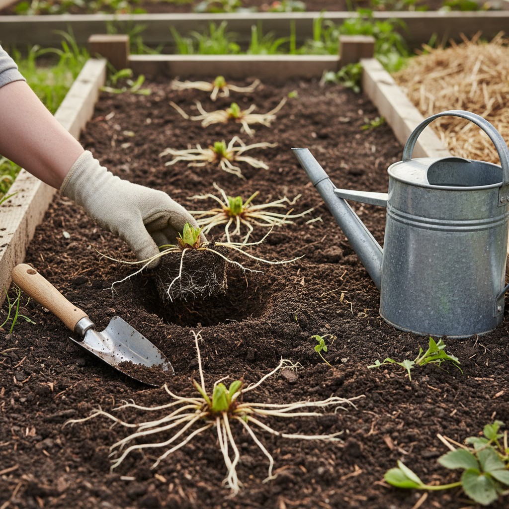 Bare-root strawberry plants being planted at crown level