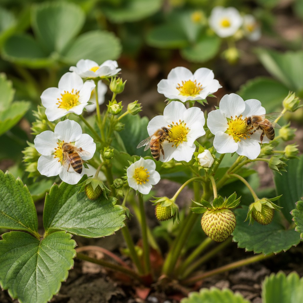 White strawberry blossoms with bees pollinating