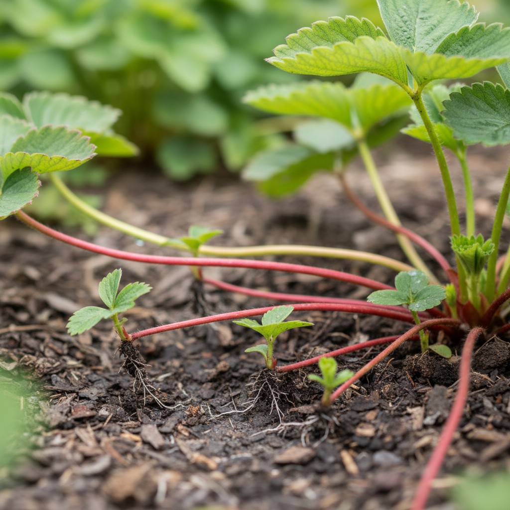 Strawberry runners with baby plants rooting into soil