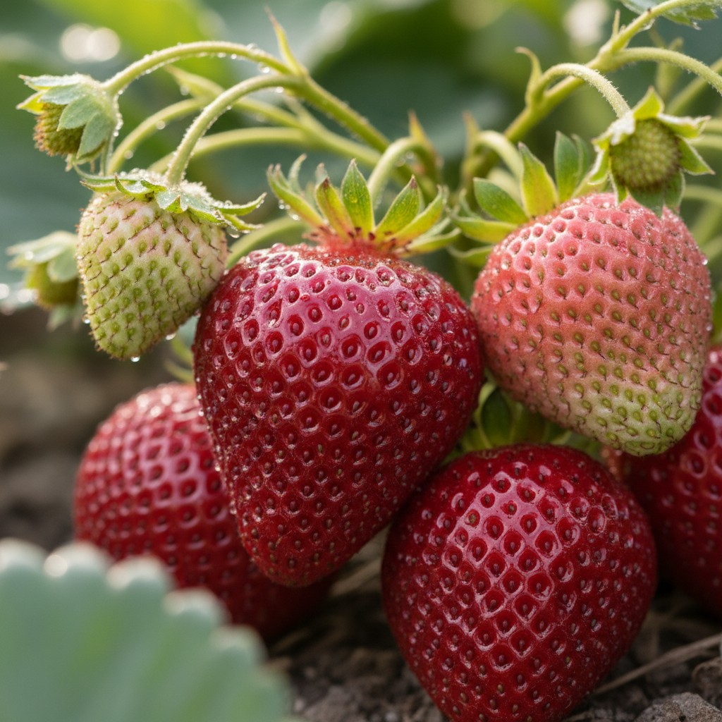 Ripe red strawberries on the plant with morning dew