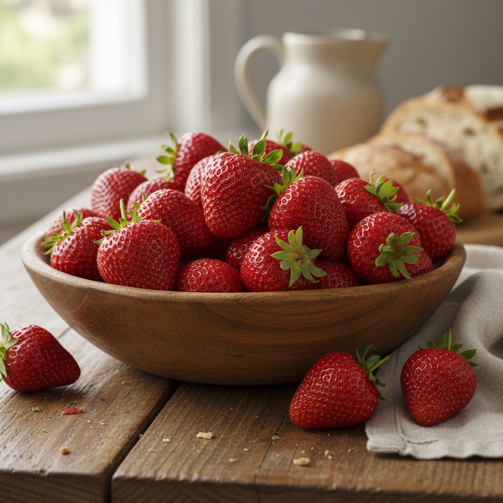 Large bowl of freshly picked garden strawberries