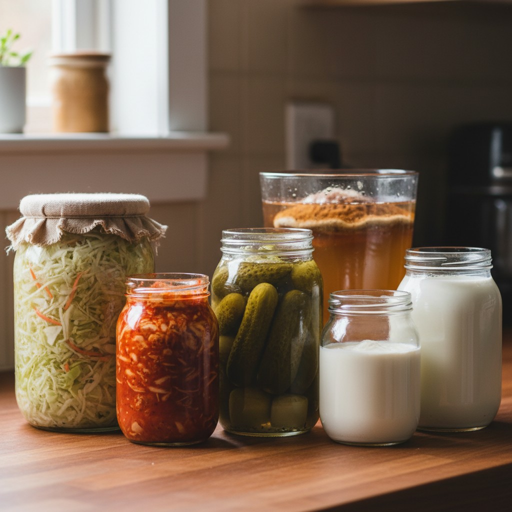 Array of home-fermented foods: sauerkraut, kimchi, pickles, kombucha