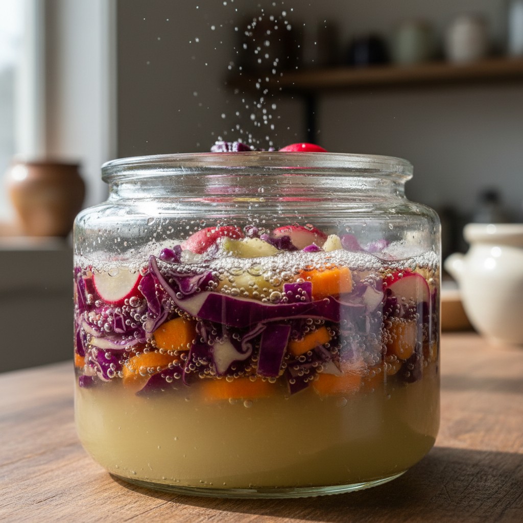Fermenting vegetables with CO2 bubbles rising through brine