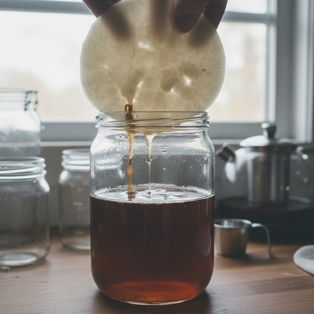 Kombucha SCOBY being placed into sweet tea for fermentation