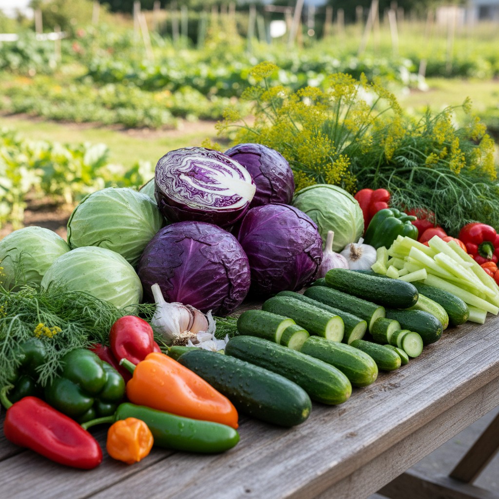 Garden crops ideal for fermenting laid out on a table