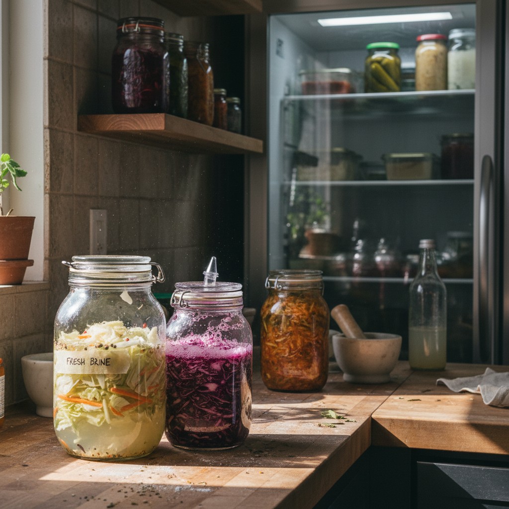 Fermentation corner with jars at various stages