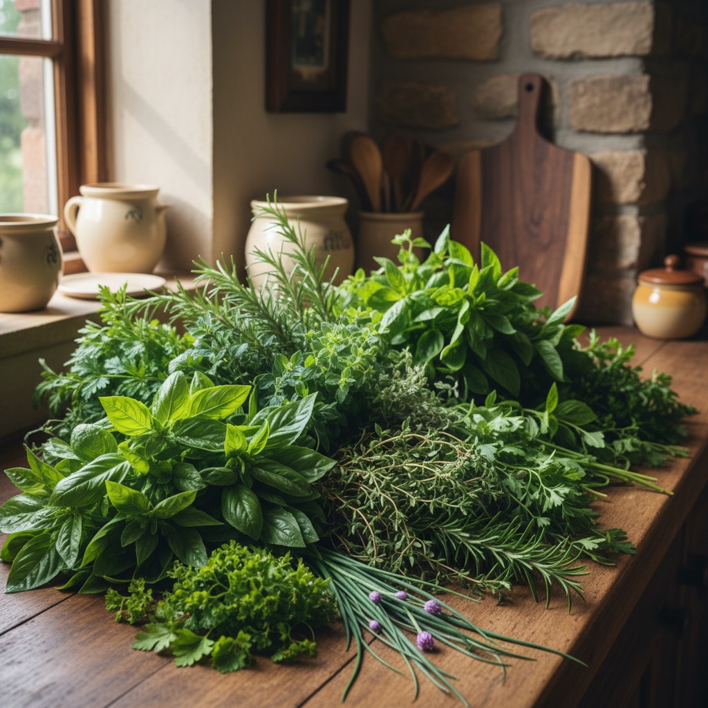 Large harvest of fresh herbs on a kitchen counter