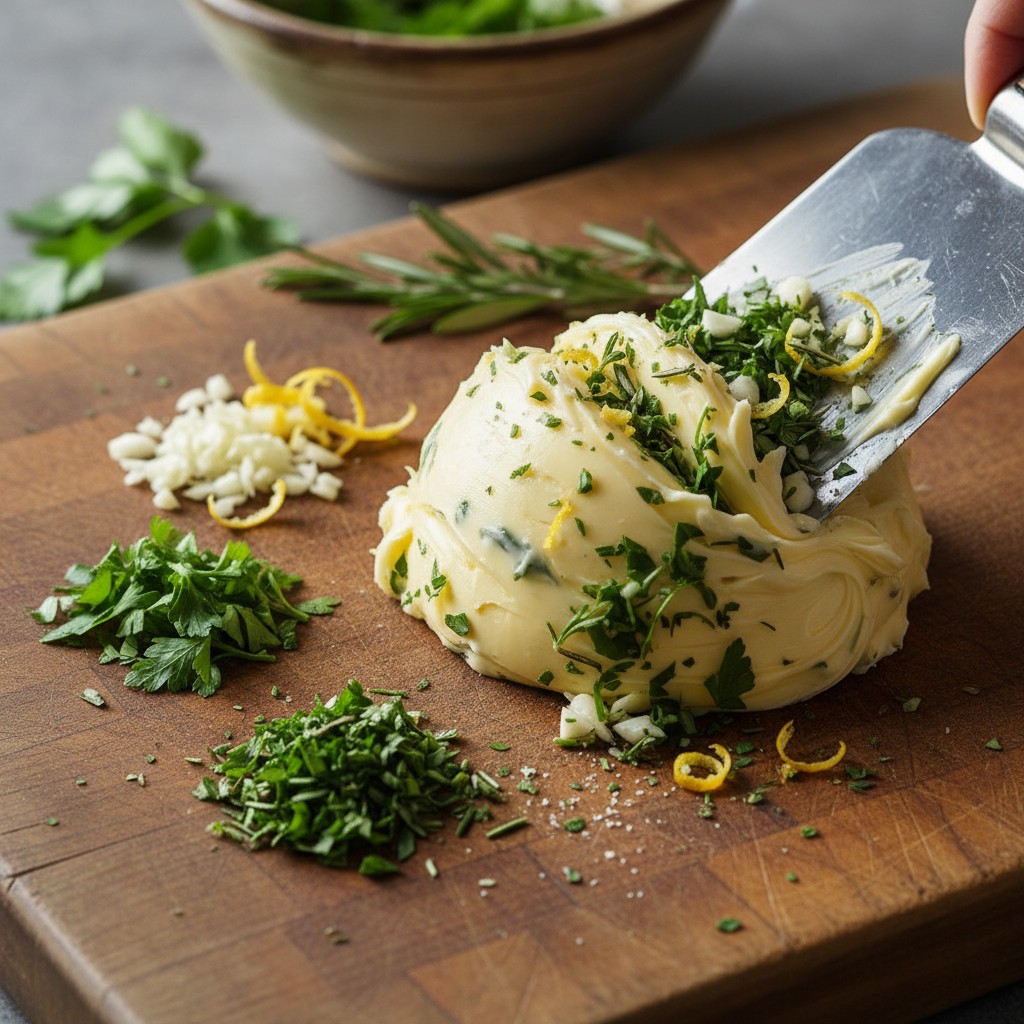 Softened butter being mixed with fresh herbs and garlic