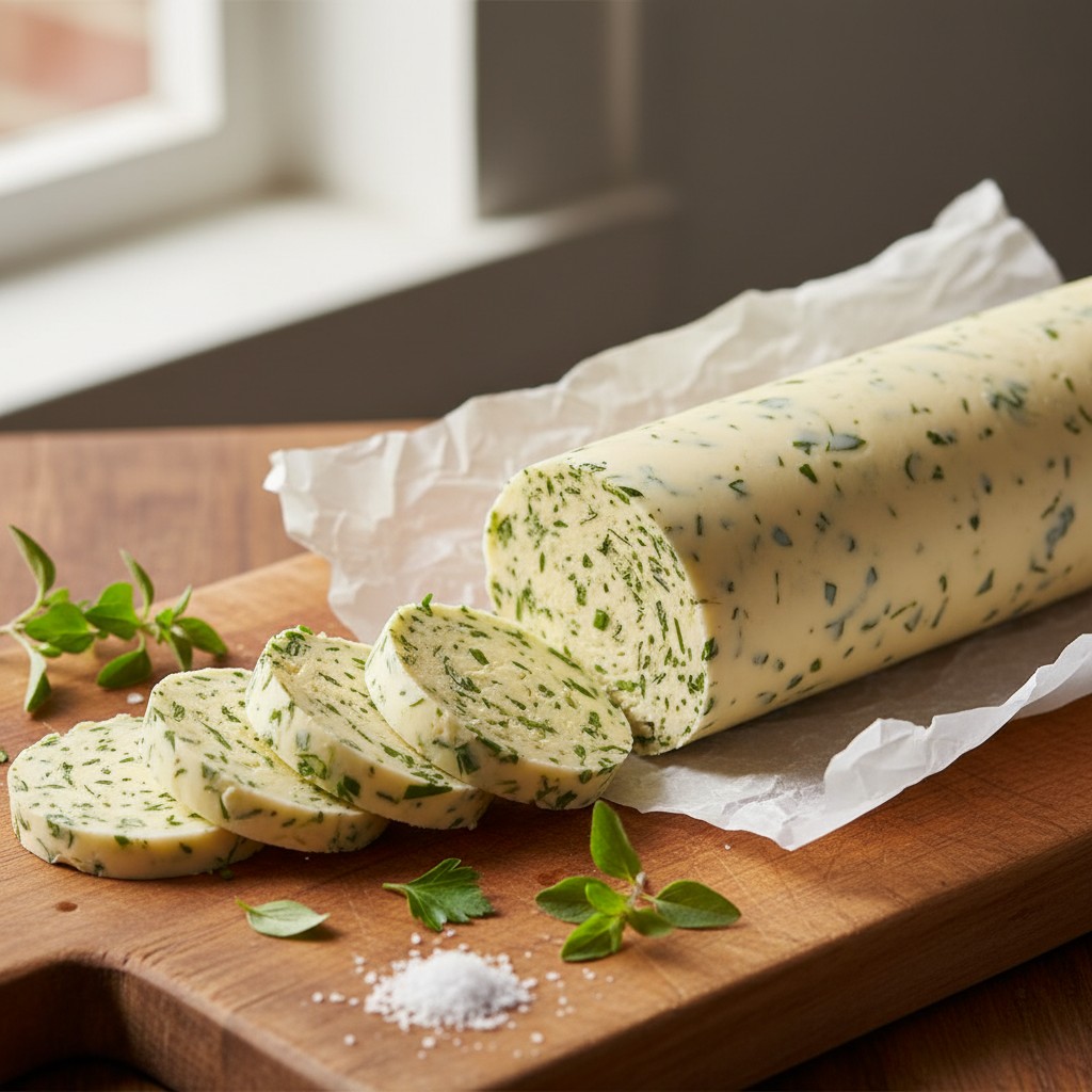 Herb compound butter log sliced showing green-flecked interior