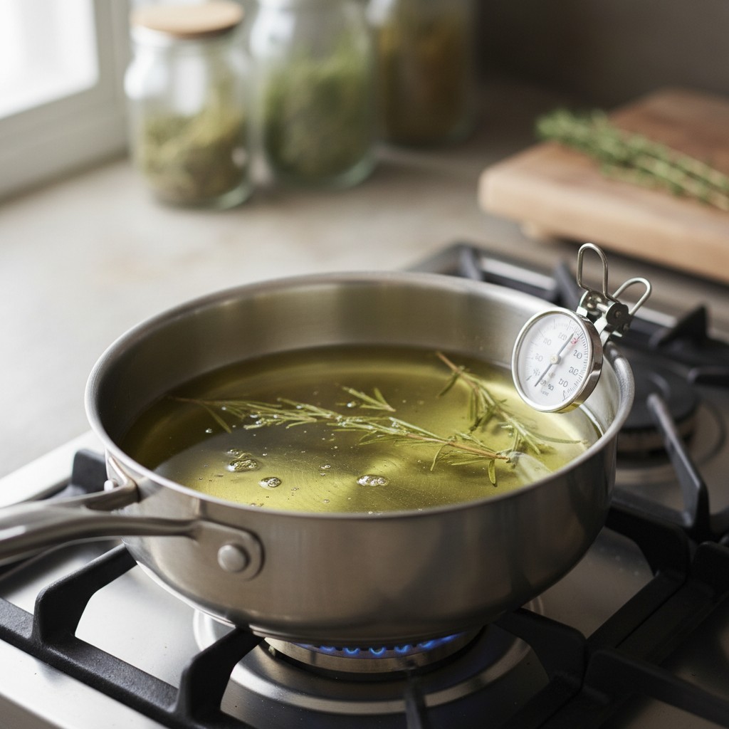 Dried herbs being infused in olive oil on low heat