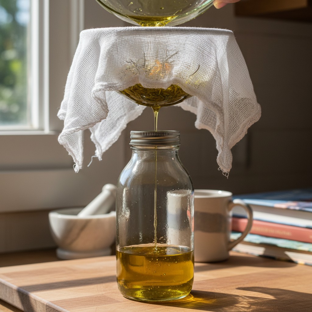 Herb-infused oil being strained through cheesecloth