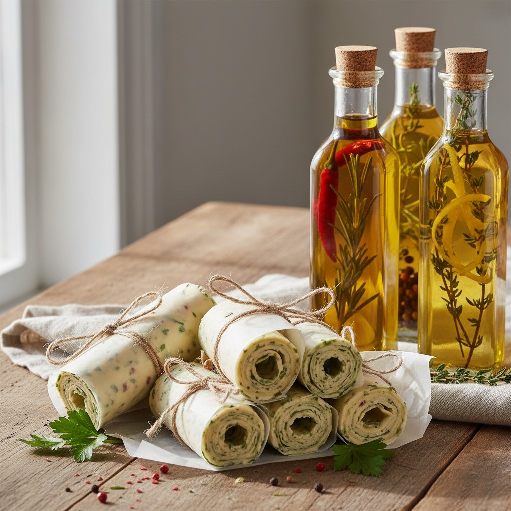Herb butters and infused oils arranged as gifts