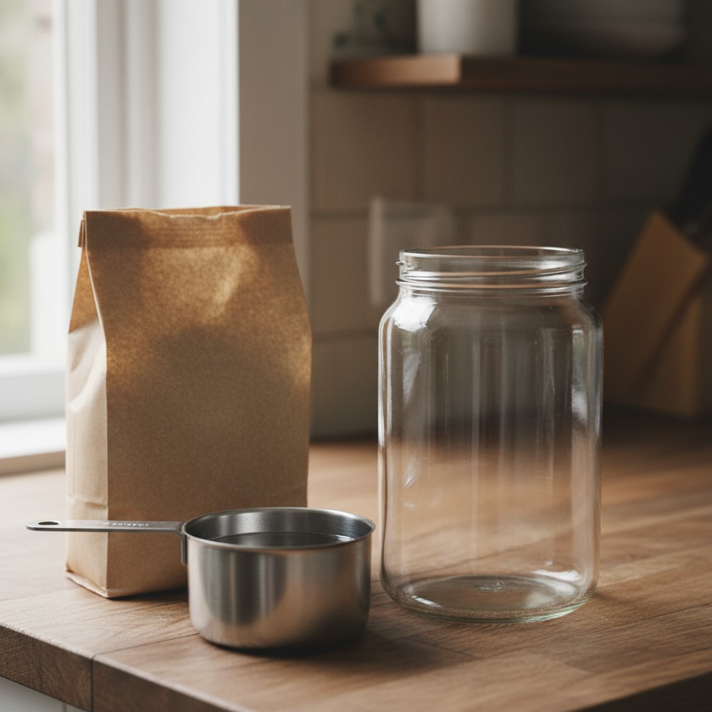 Glass jar, flour, and water, sourdough starter ingredients