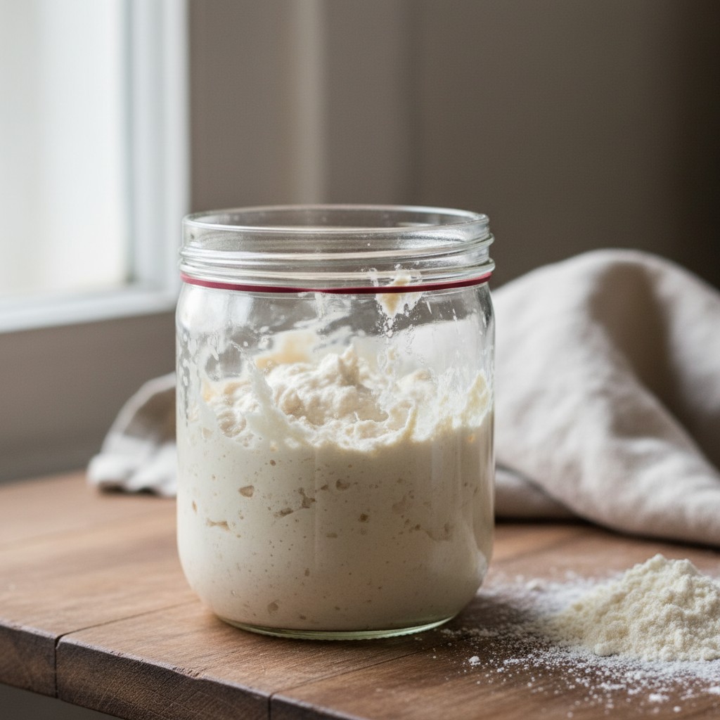Day 1 sourdough starter freshly mixed in jar with rubber band
