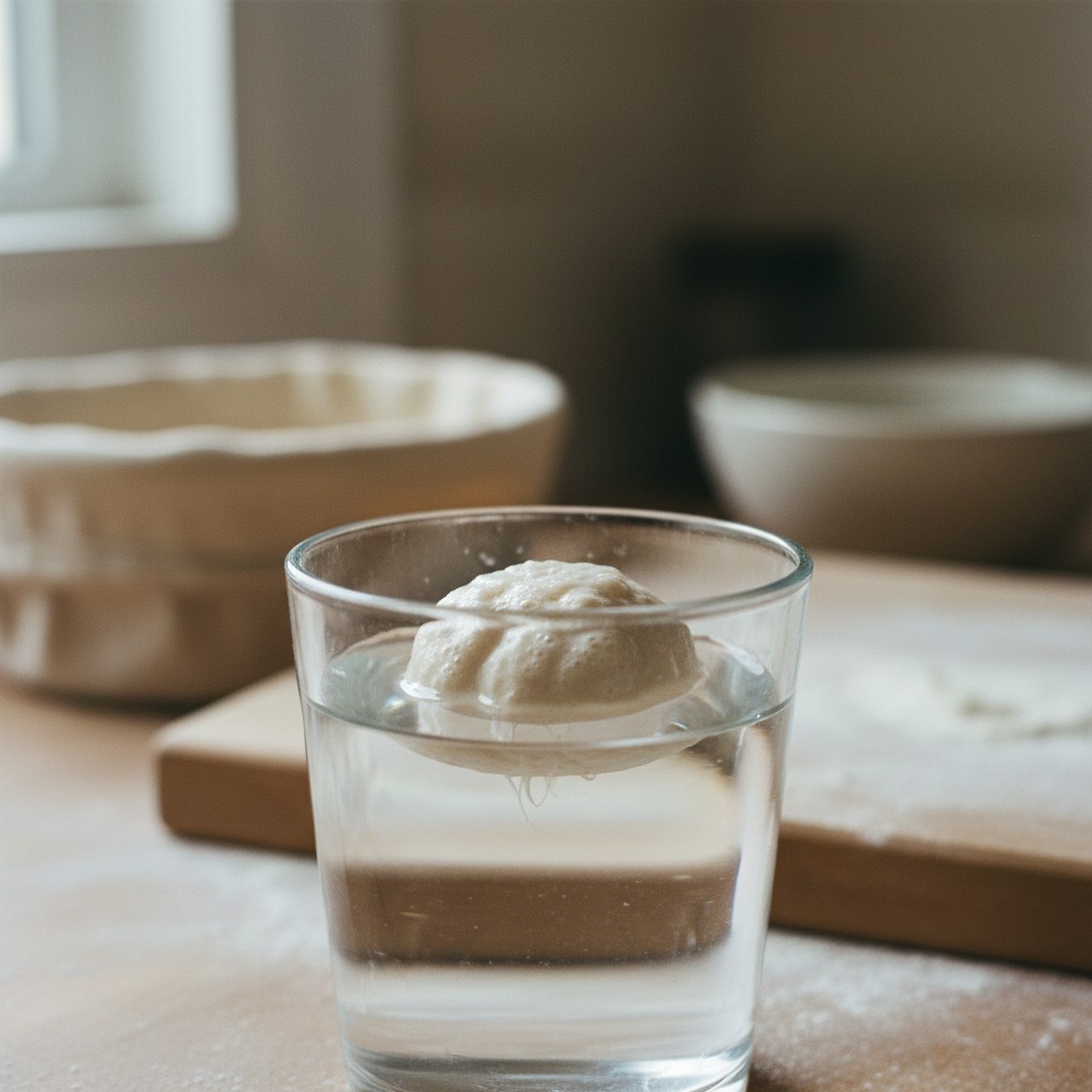 Sourdough starter floating in a glass of water
