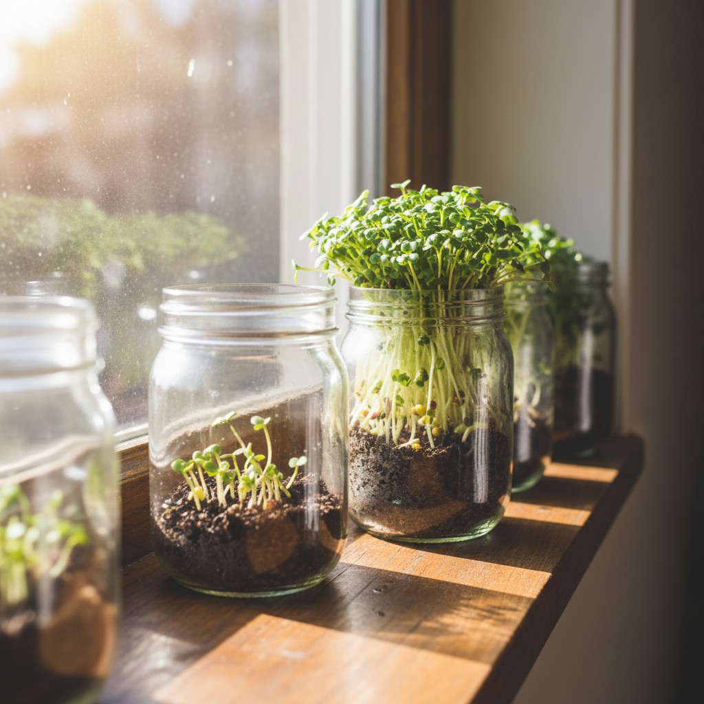 Mason jars with microgreen sprouts on a sunny windowsill