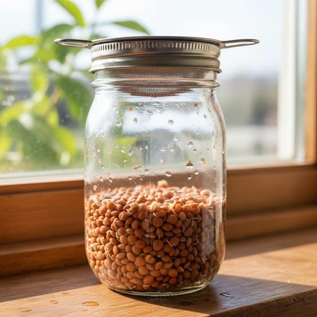 Seeds soaking in a mason jar with mesh lid