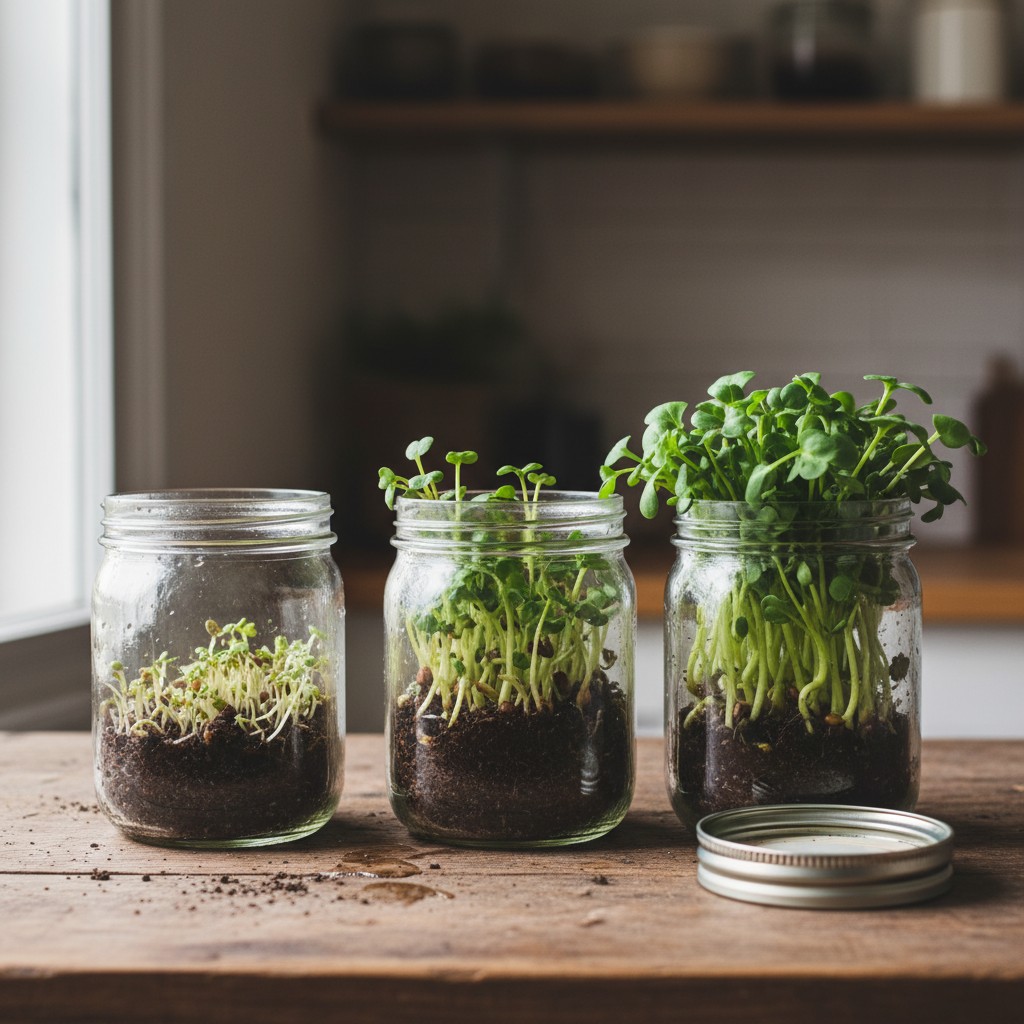 Three jars showing microgreen growth stages
