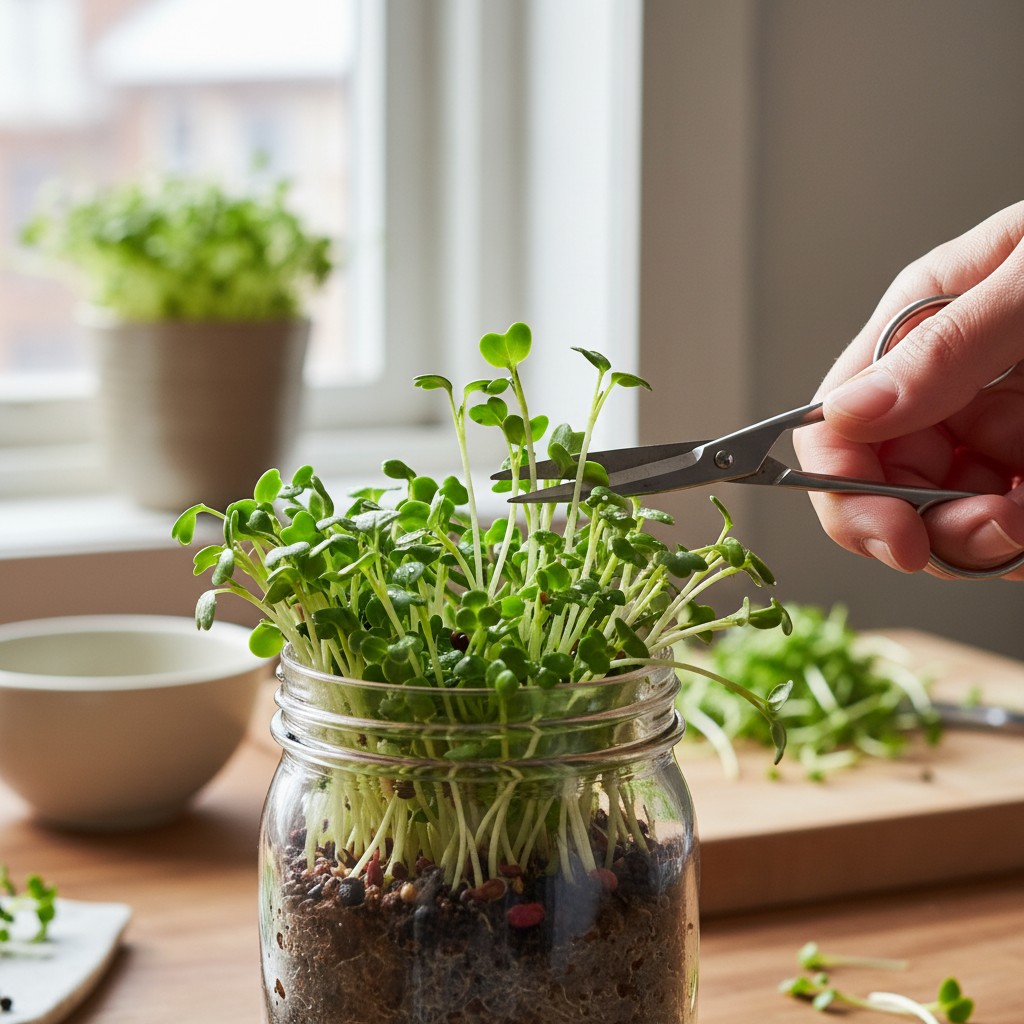 Microgreens being snipped from a jar with scissors