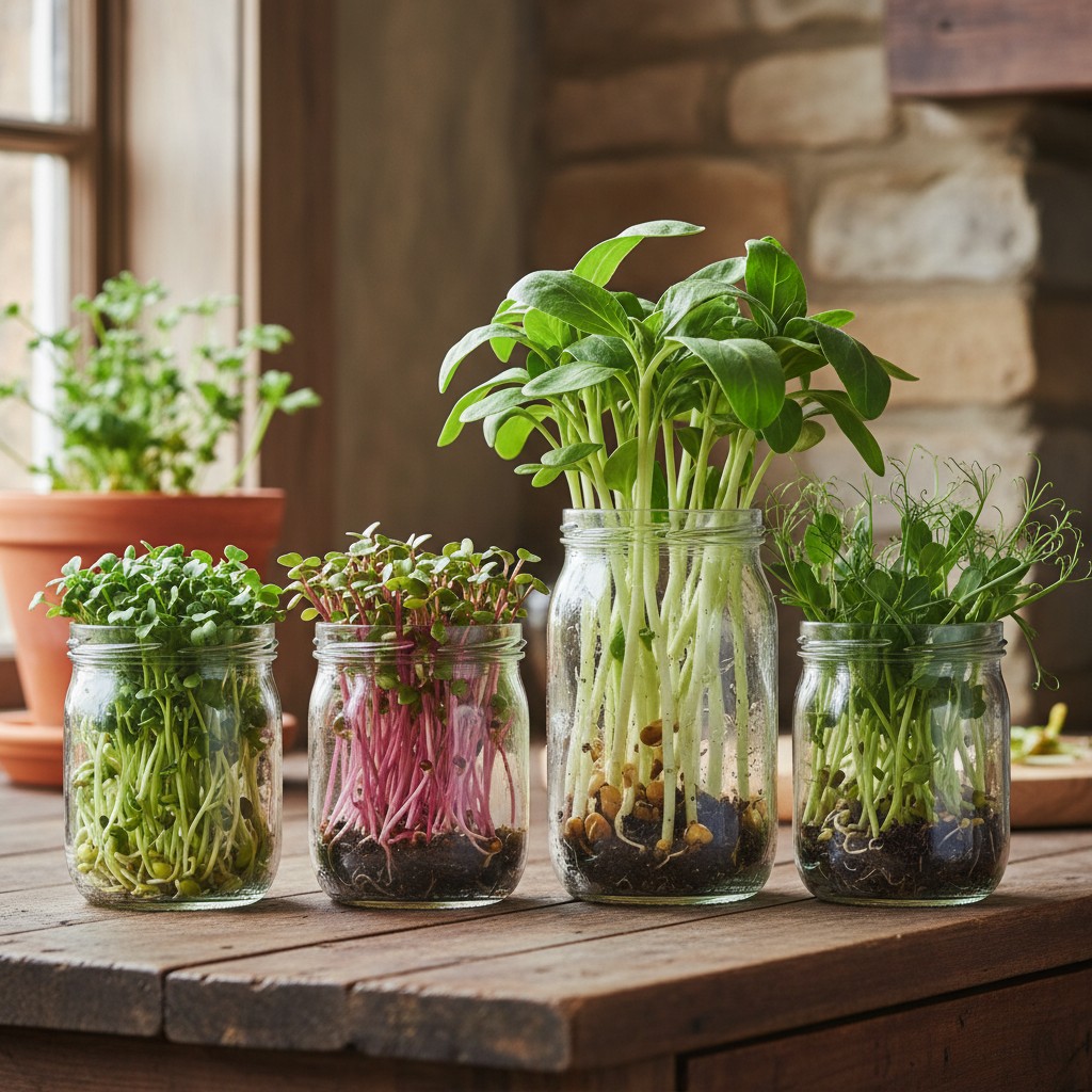 Different microgreen varieties: broccoli, radish, sunflower, pea shoots