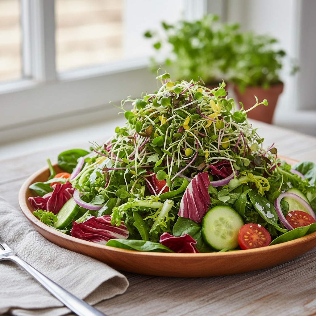 Fresh salad topped with mixed microgreens