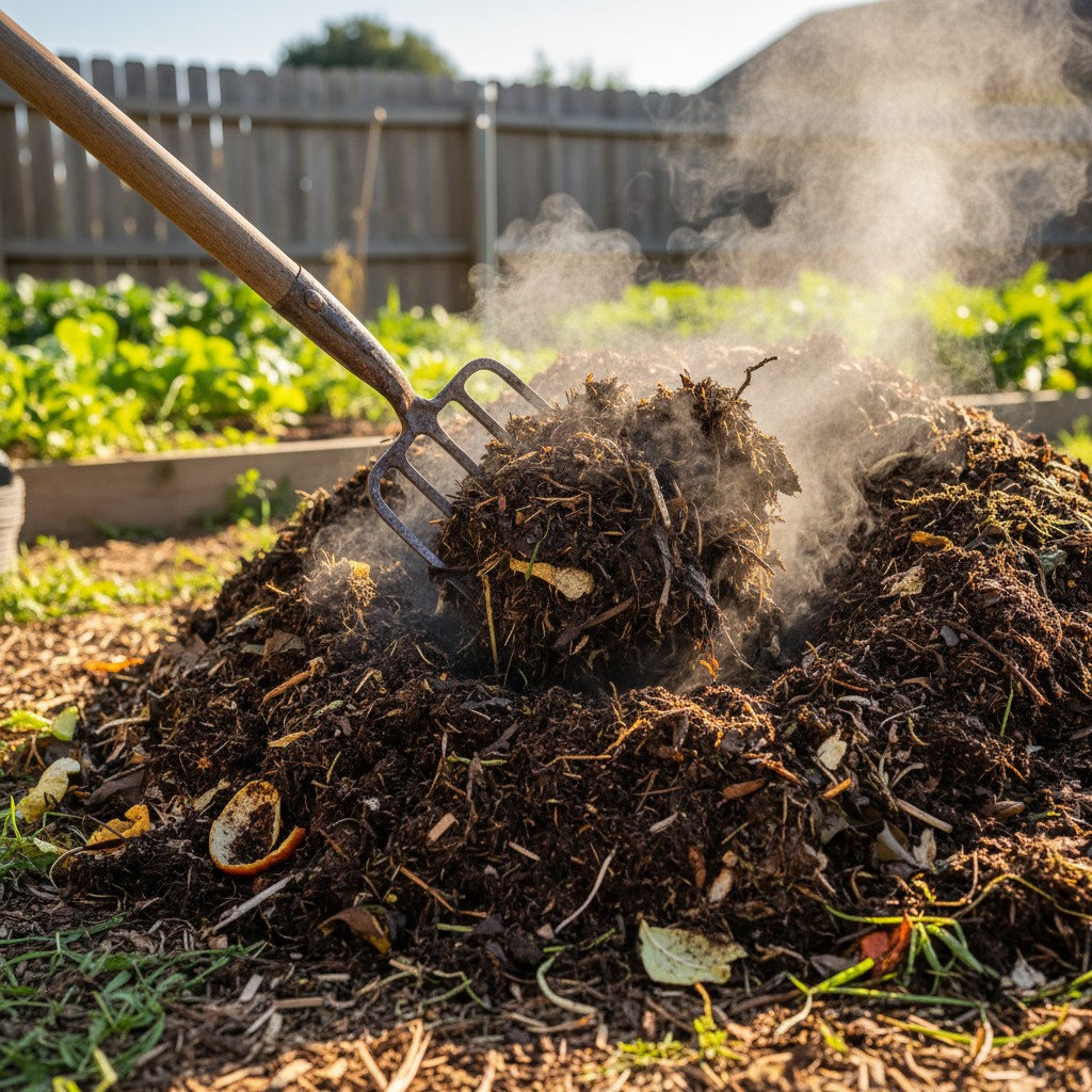 Compost pile being turned with steam rising