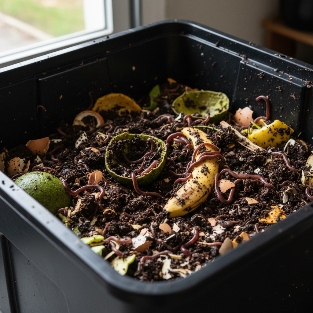 Worm bin with red wigglers