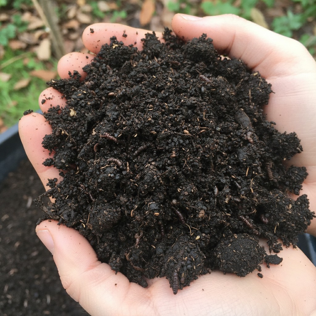 Handful of dark finished compost with worm castings